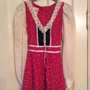 Gunne Sax Midi Frock Red and Green with Lace!